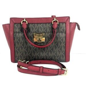 Michael Kors Tina Satchel Shoulder Handbag Canvas Logo Print Dark Red Leather